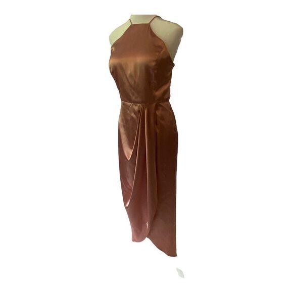 Norstrom After Six 6829 Midi Halter Dress Draped Prom Size 14 Dessert Rose - Picture 3 of 12